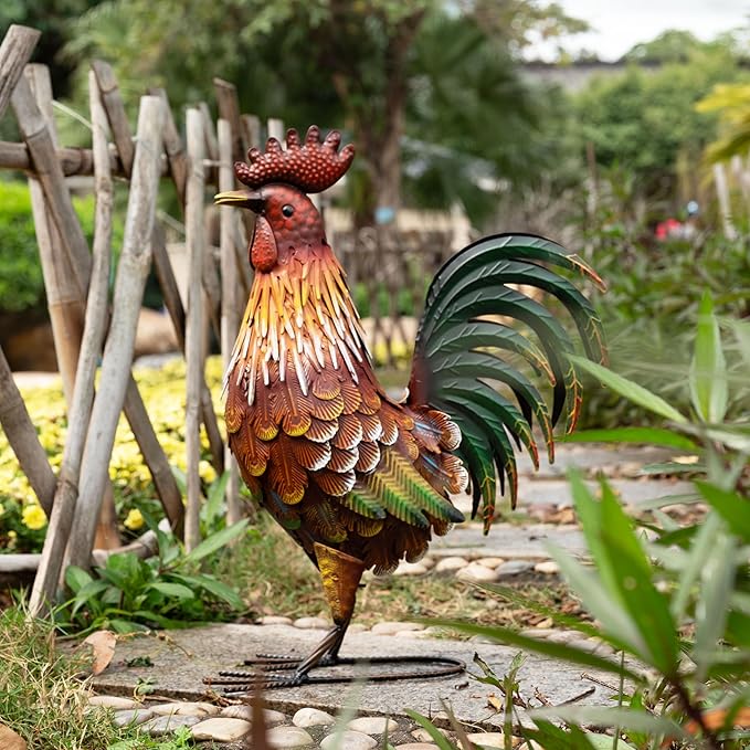 TERESA'S COLLECTIONS Red Metal Rooster Garden Statues & Sculptures for Outdoor Decor,Rustic Farmhouse Animal Chicken Yard Art for Garden Decor,17.5"Lawn Ornament for Porch Backyard Patio,Gift for Mom