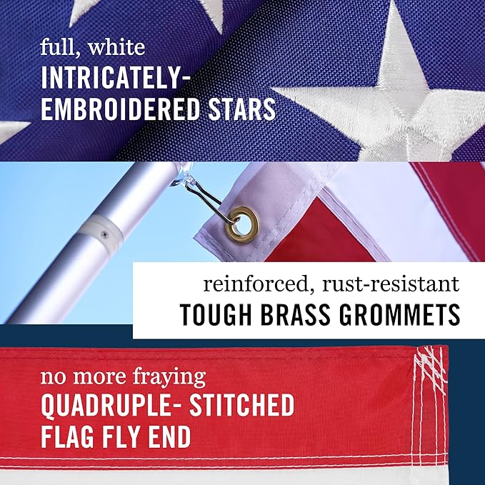 American Flag 3x5 Made in USA | Heavy Duty 400D Oxford Nylon for High Winds | Quadruple Stitched Fly End | Embroidered Stars & Sewn Stripes | Brass Grommets | U.S. Flag