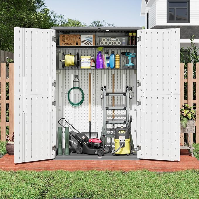 KAMABOKO Outdoor Storage Cabinet 55 Cu.Ft Outdoor Trash Can Storage Shed Waterproof Horizontal Storage Shed Outdoor Storage for Backyard, Patio, Poolside (White)