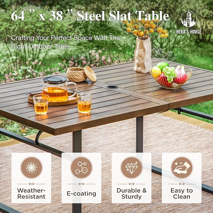 HERA'S HOUSE 7-Piece Patio Dining Set, 6 x Outdoor Rattan Armchair with Removable Cushions, 1 x 64 Inches Rectangular Patio Table with 1.57"-1.9" Umbrella Hole for Patio, Lawn, Garden, Porch