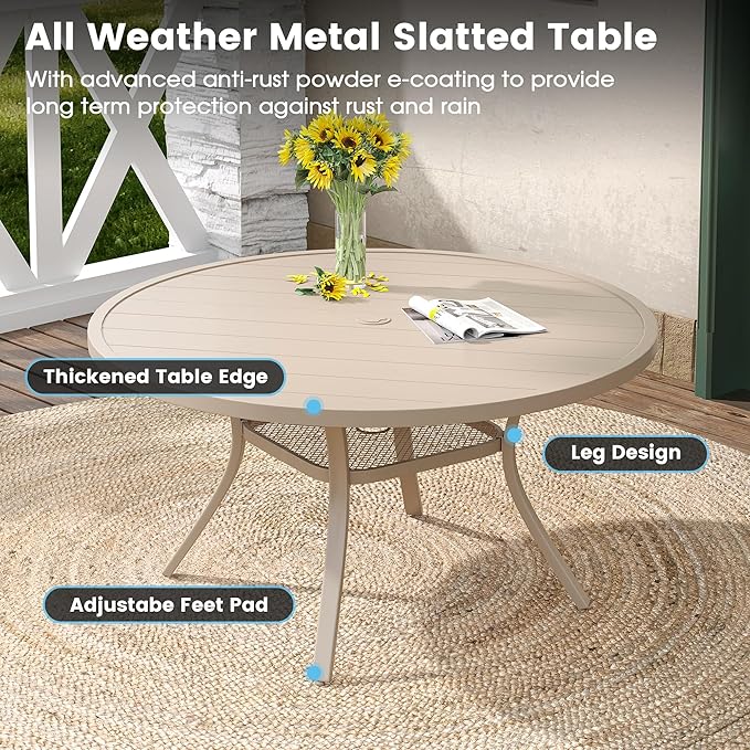 DIFY 7 Pieces Outdoor Patio Dining Set, 6 Sandshell Textilene Swivel Dining Chairs and 47.2" Sandshell Round Dining Table, Metal Outdoor Table and Chairs