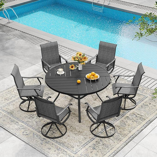 DIFY 7 Pieces Outdoor Patio Dining Set, 6 Dark Grey Textilene Swivel Dining Chairs and 47.2" Black Round Metal Dining Table, Outdoor Table and Chairs