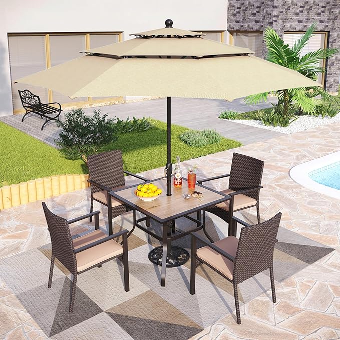 PHI VILLA 5 Pieces Outdoor Dining Set with Umbrella for 4, 37" Square Metal Polywood Table & Cushioned Wicker Rattan Chairs & 10ft Beige Umbrella Furniture for Patio, Deck, Yard, Porch