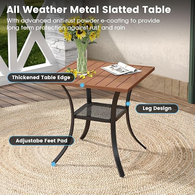 DIFY 3 Pieces Outdoor Patio Dining Set for 2, 27.6" Small Walnut Square Metal Dining Table and 2 Brown Textilene Swivel Dining Chairs, Outdoor Table and Chairs