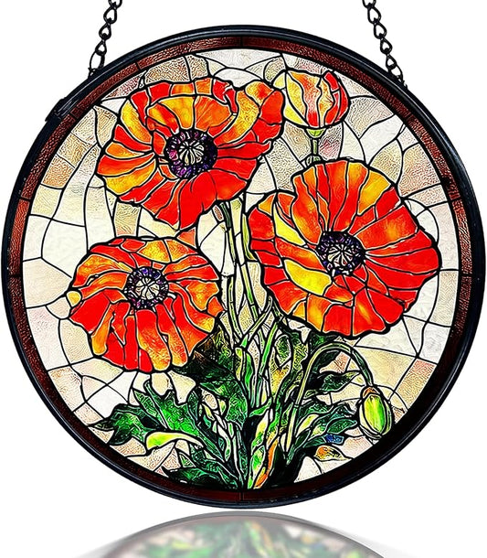 kdqua Poppy Flower Suncatcher Stained Glass Window Hanging, Poppy Flower Gifts Sun Catchers Indoor Window Glass Round Wall Decor, Orange Floral Wall Art Hanging Decorations Statues, 7.9x7.9in