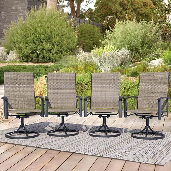 Patio Swivel Chairs Set of 4, Outdoor Swivel Chairs with Armrest, High Back Patio Chair with Metal Frame, All-Weather Outdoor Dining Chair for Deck, Porch and Lawn, Mocha