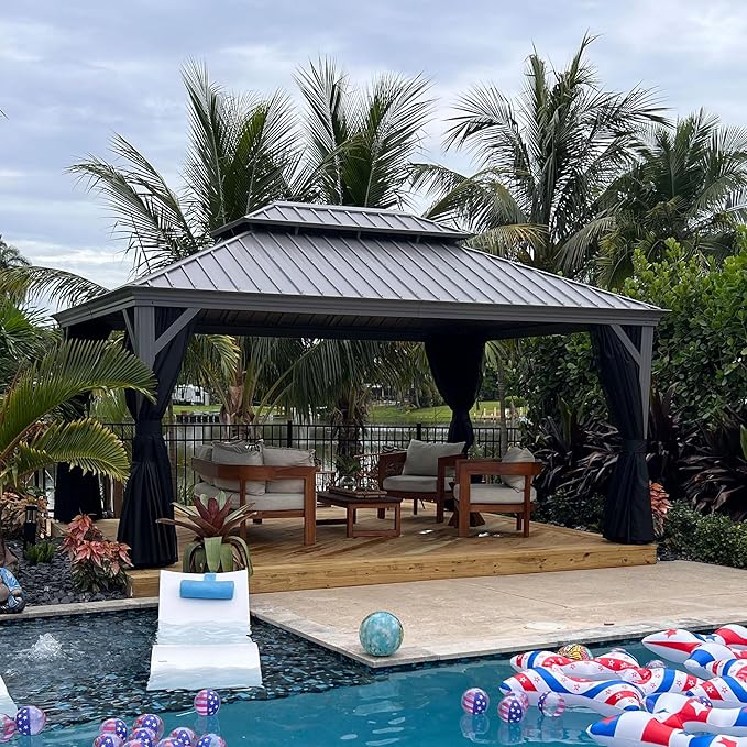 PURPLE LEAF 12' x 16' Hardtop Aluminum Gazebo with Double Metal Roof Heavy Duty Permanent Gazebo for Patio Deck Lawn Garden All Weather Outdoor Pavilion Gazebos, Light Grey