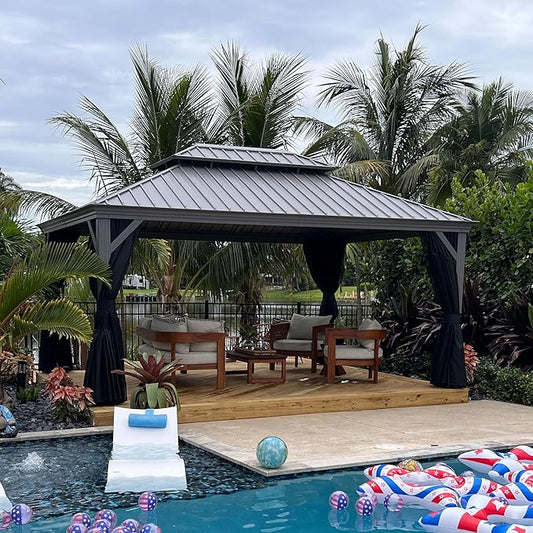 PURPLE LEAF 12' x 16' Hardtop Aluminum Gazebo with Double Metal Roof Heavy Duty Permanent Gazebo for Patio Deck Lawn Garden All Weather Outdoor Pavilion Gazebos, Light Grey