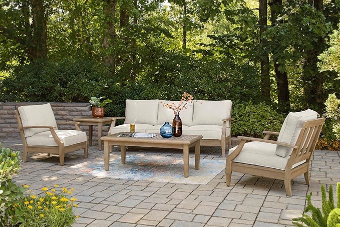 Signature Design by Ashley Carter Hall Outdoor Eucalyptus Neutral Patio Lounge Chair with Thick Performance Fabric Cushion, Beige