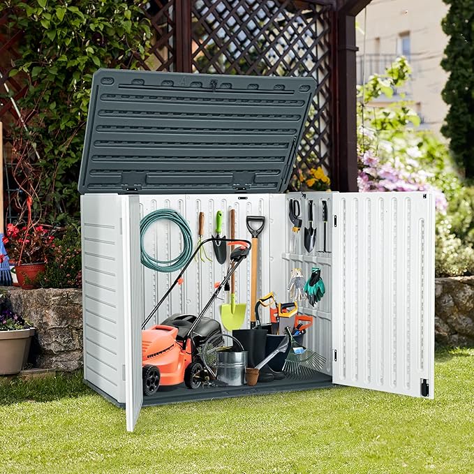 YITAHOME 35 Cu Ft Horizontal Weatherproof Storage Shed Without Shelves, Outdoor Lockable Resin Unit for Tools and Gear, Simple Assembly (Light Gray)