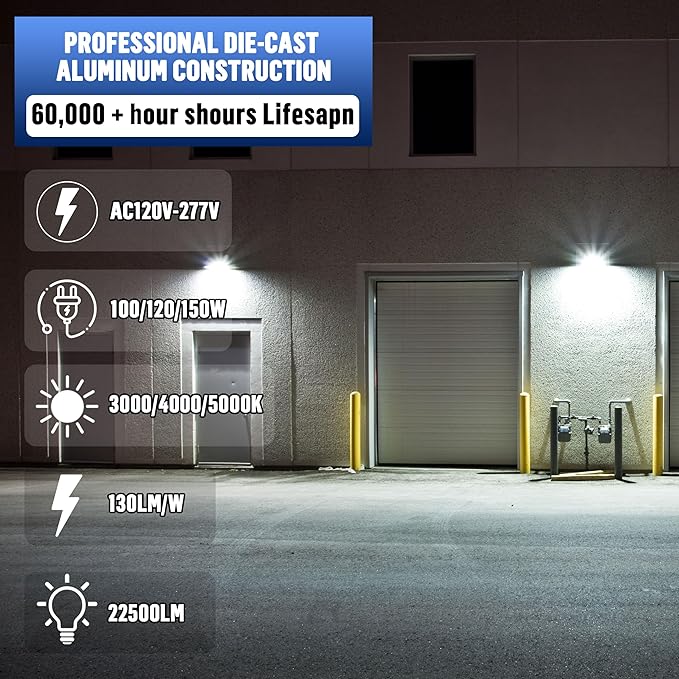 LAMPHOME LED Flood Lights Outdoor 100/120/150W W and 3000/4000/5000K Adjustable 19500Lm,Dusk-to-Dawn Sensor o Dawn Flood Light for Yard, Garage, Garden,UL Listed,Includes Knuckle Mount