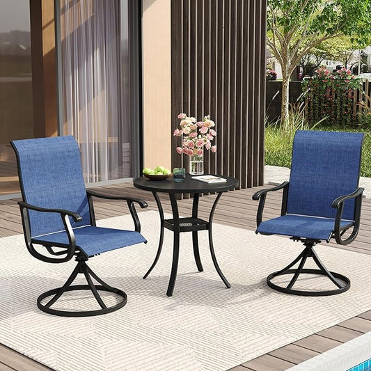 VICLLAX Patio Dining Set for 2, 3 Pieces Outdoor Furniture Includes 27.5" Small Round Patio Table and 2 Outdoor Swivel Chairs for Lawn Garden, Black Tabletop and Blue Fabric
