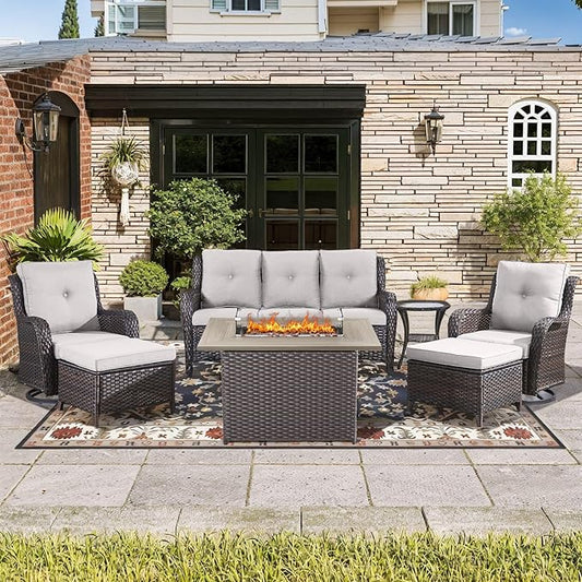 Wicker Outdoor Conversation Se with 50,000 BTU Gas Propane Fire Pit Tablet-7 Pieces Outdoor Wicker High Back Couch Patio Furniture for Deck Poolside Backyard