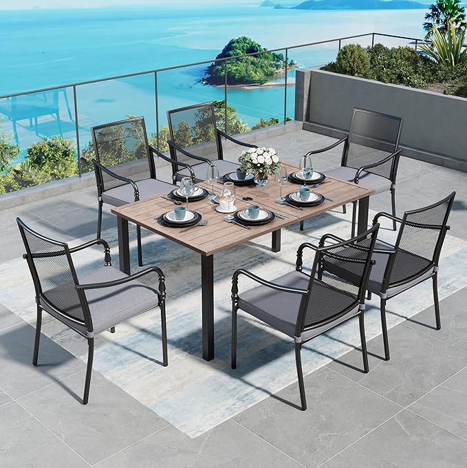 Patio Table and Chairs Set of 6, All-Weather Breathable Metal Mesh Patio Chair with Gourd-Shaped Armrests, 60x38 Wood-Like Table with Umbrella Hole, 7 Pcs Metal Frame Patio Dining Set