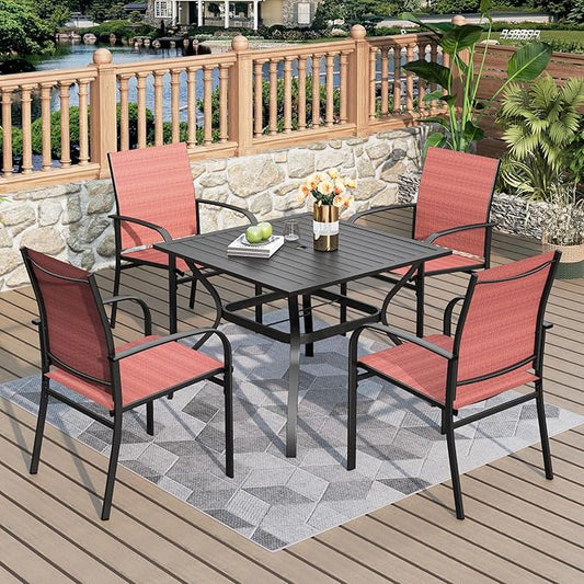 5 Pieces Patio Table and Chairs Set, 4 Person Outdoor Dining Furniture Set, 4 Red Textilene Chairs and 37" Square Metal Table with Umbrella Hole, for Deck Backyard Lawn
