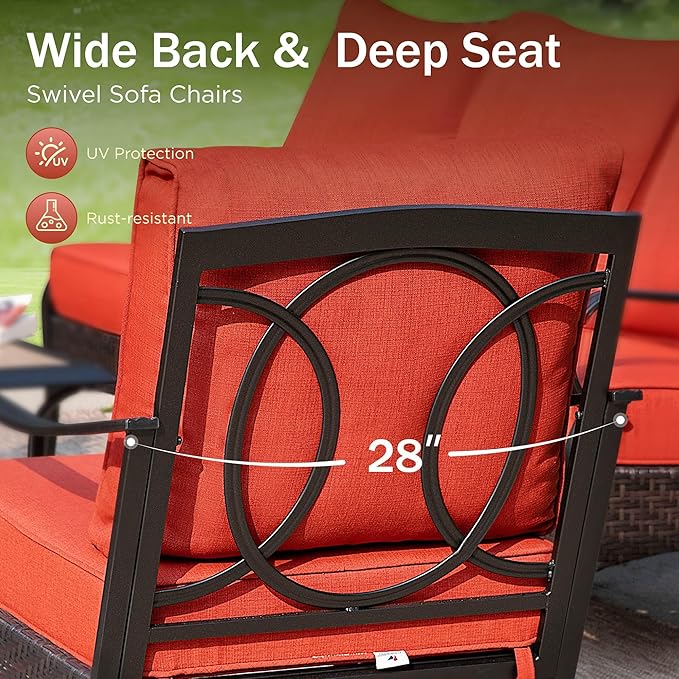 PHI VILLA Patio Furniture Set with 56" Fire Pit Table, Premium Outdoor Wicker Metal Frame Furniture with Upgraded Waterproof Thick Cushions for Porch, Poolside, Deck, and Yard （4 Pieces,Red