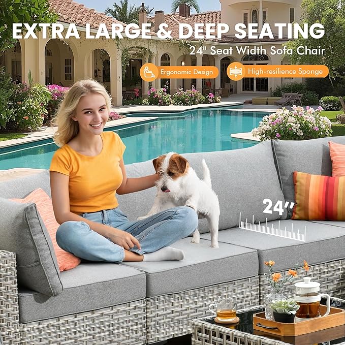 Outdoor Sectional Patio Furniture Set with Glowing Table,7 Pieces Wicker Conversation Sets L Shaped Couch Out Door Sofa Set Outside Furniture for Garden Deck Yard Porch,Dark Grey