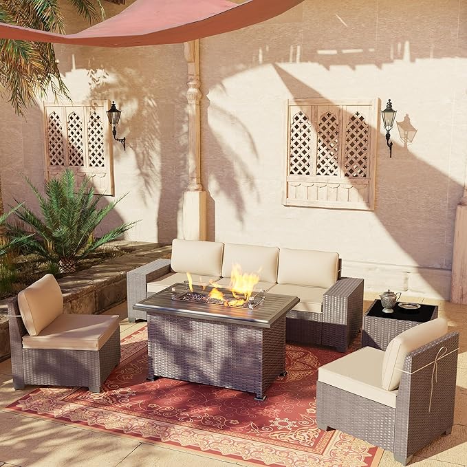 Outdoor Patio Furniture Set with Propane Fire Pit Table, 7 PCS Outdoor Furniture Patio Sectional Sofas Conversation Sets w/ETL Approved 43" Gas Outdoor Fire Table & Coffee Table Brown.