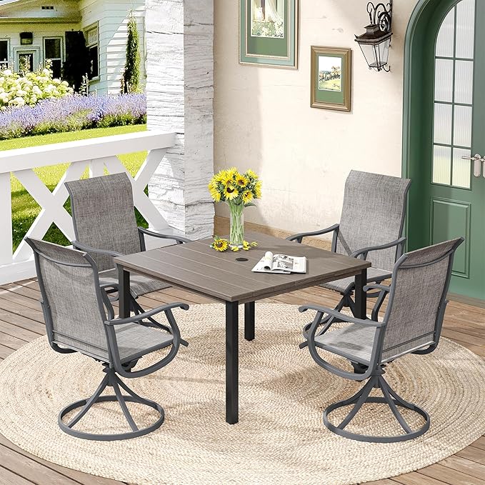 DIFY 5 Pieces Outdoor Patio Dining Set for 4, 40.2" Metal Square Dining Table and 4 Grey Textilene Swivel Dining Chairs, Outdoor Table and Chairs