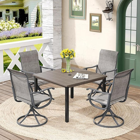 DIFY 5 Pieces Outdoor Patio Dining Set for 4, 40.2" Metal Square Dining Table and 4 Grey Textilene Swivel Dining Chairs, Outdoor Table and Chairs