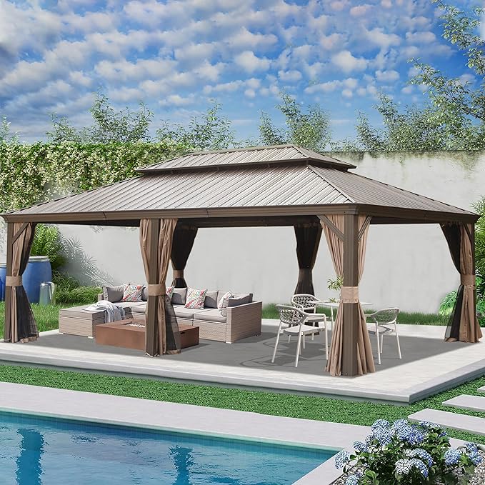 Domi 14' X 24' Hardtop Gazebo Large Outdoor Metal Gazebo Canopy with Galvanized Steel Double Roof, Aluminum Frame, Curtains and Netting for Patio, Deck, Garden, Brown