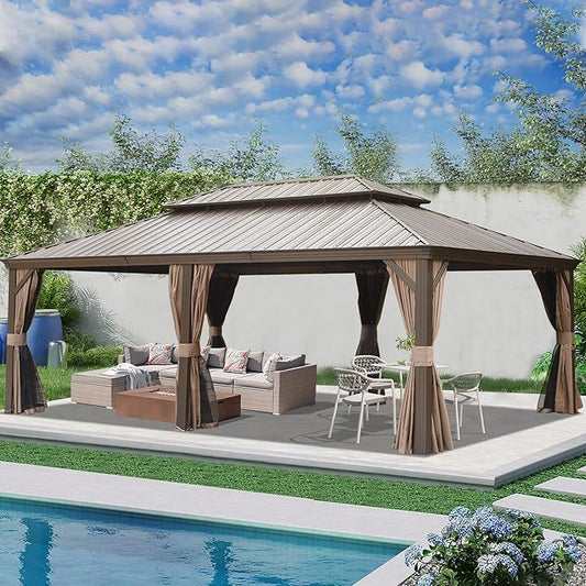 Domi 14' X 24' Hardtop Gazebo Large Outdoor Metal Gazebo Canopy with Galvanized Steel Double Roof, Aluminum Frame, Curtains and Netting for Patio, Deck, Garden, Brown