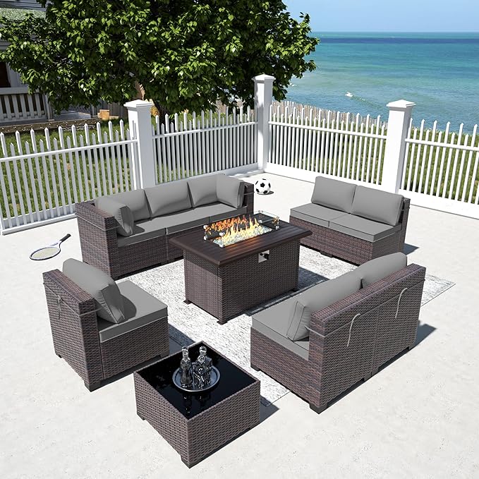 Outdoor Patio Furniture Sets with Propane Fire Pit Table, 10 Pieces Outdoor Furniture Patio Sectional Sofa Conversation Sets w/ETL Approved 43" Gas Outdoor Fire Table & Coffee Table (Grey)