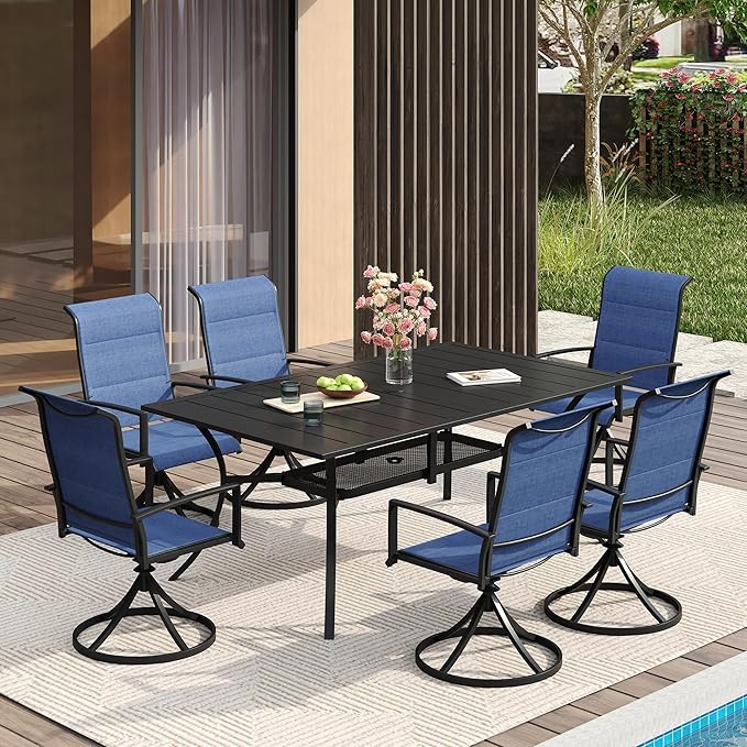 VICLLAX 7 Pieces Patio Dining Set for 6-59" Rectangle Patio Table and 6 Outdoor Swivel Padded Chairs, Black Tabletop and Blue Fabric