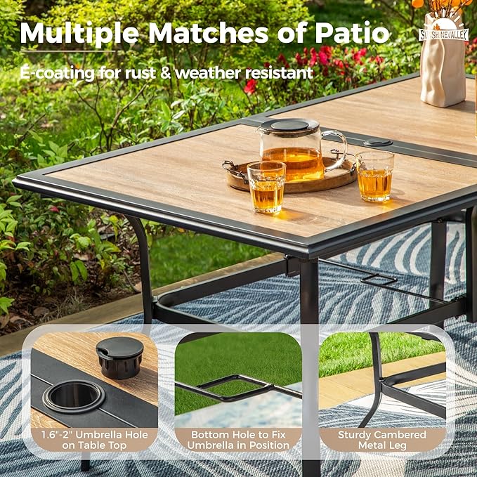 7 Pcs Patio Dining Set for 6, Rectangular Metal Dining Table (PVC Table Top) with Umbrella Hole and 6 Chairs, Outdoor Dining Set for Lawn Garden Deck, Brown