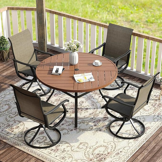 VICLLAX 5 Pieces Patio Dining Set for 4, Outdoor Furniture Set Includes 40.6" Square Outdoor Table and 4 Patio Swivel Chairs for Lawn Garden, Walnut Tabletop and Mixed Brown Fabric