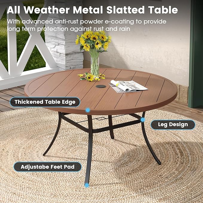 DIFY 7 Pieces Outdoor Patio Dining Set, 6 Brown Textilene Swivel Dining Chairs and 53" Walnut Round Metal Dining Table, Outdoor Table and Chairs