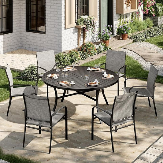 7 Pieces Outdoor Table and Chairs, Patio Dining Set for 6 Includes 54" Round Outdoor Table and 6 Patio Chair Set, Outdoor Dining Furniture Set for Lawn Backyard Deck, Brown