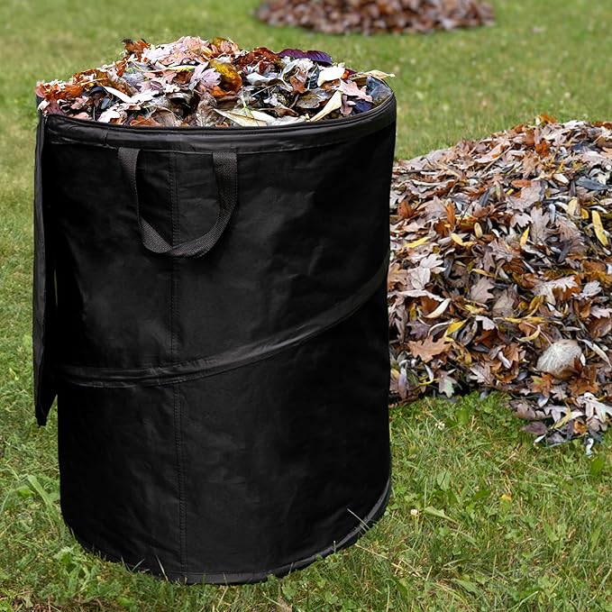 Wakeman Collapsible Trash Can - 46-Gallon Garbage Can Outdoor Bin with 3 Stakes for RV, Camping, Storage, Recycling, or Yard Waste Outdoors (Black)