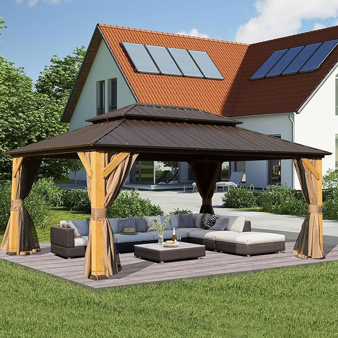 Domi 12' X 16' Wood Gazebo, Cedar Frame Hardtop Gazebo with Galvanized Steel Double Roof, Netting & Curtains, Patio Pergola Pavilion for Patio, Backyard, Deck, Lawns