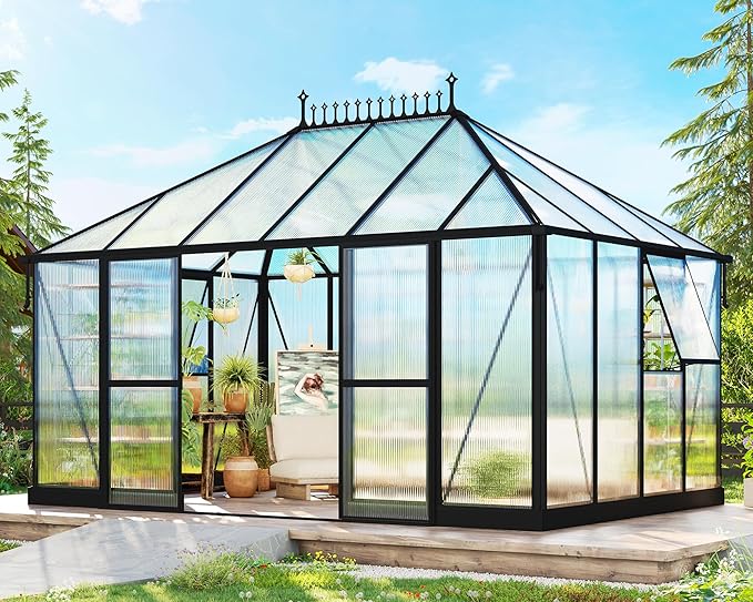 14×9.7×10 FT Outdoor Polycarbonate Greenhouse with 6 ft Double Swing Door & 2 Vents, Heavy Duty Green House with Aluminum Frame for Outside Patio Backyard Garden