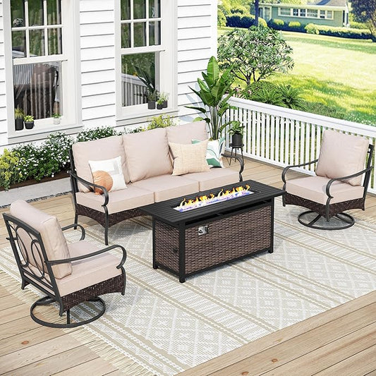 MFSTUDIO 4 Pieces Outdoor Patio Furniture Set, Metal Outdoor Conversation Set, Rattan Wicker Patio Sectional Set with 2 x Swivel Single Sofa, 3-Seat Sofa, 1 x Fire Pit Table, Beige