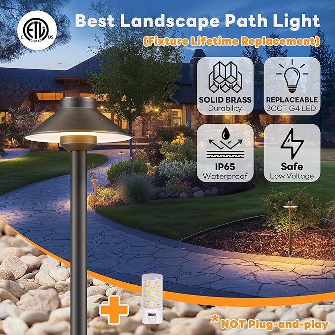 Gardenreet Low Voltage Landscape Lighting Brass, 2700K/3000K/4000K Adjustable 12v Pathway Lights Waterproof, Hard Wired Path Light Outdoor, Bronze for Exterior Area Patio with G4 Bulb (6 Pack)