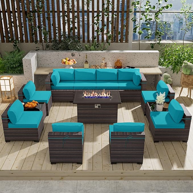 13 Pieces Outdoor Patio Furniture Set with Propane Fire Pit Table Outdoor Furniture Patio Sectional Sofa Conversation Sets w/ETL Approved 43" Gas Outdoor Fire Table & Coffee Table (Blue)