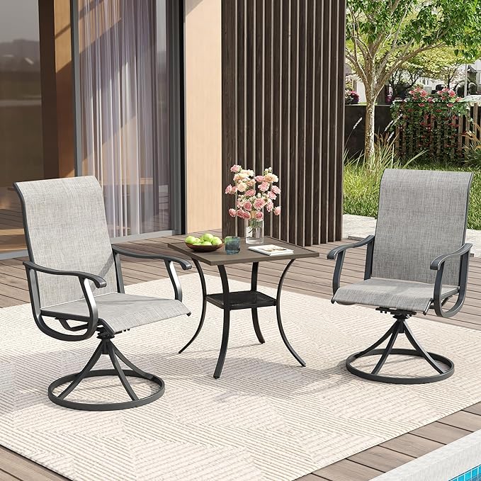 VICLLAX 3 Pieces Patio Dining Set Includes 28" Square Small Outdoor Table and 2 Patio Swivel Chairs for Lawn Garden, Grey Wood Grain Tabletop and Grey Fabric