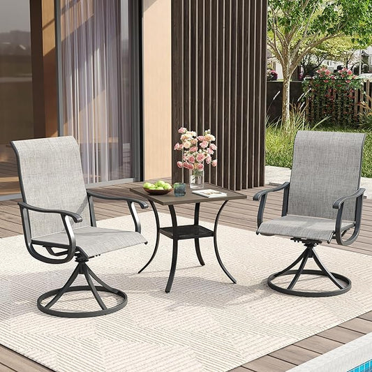 VICLLAX 3 Pieces Patio Dining Set Includes 28" Square Small Outdoor Table and 2 Patio Swivel Chairs for Lawn Garden, Grey Wood Grain Tabletop and Grey Fabric
