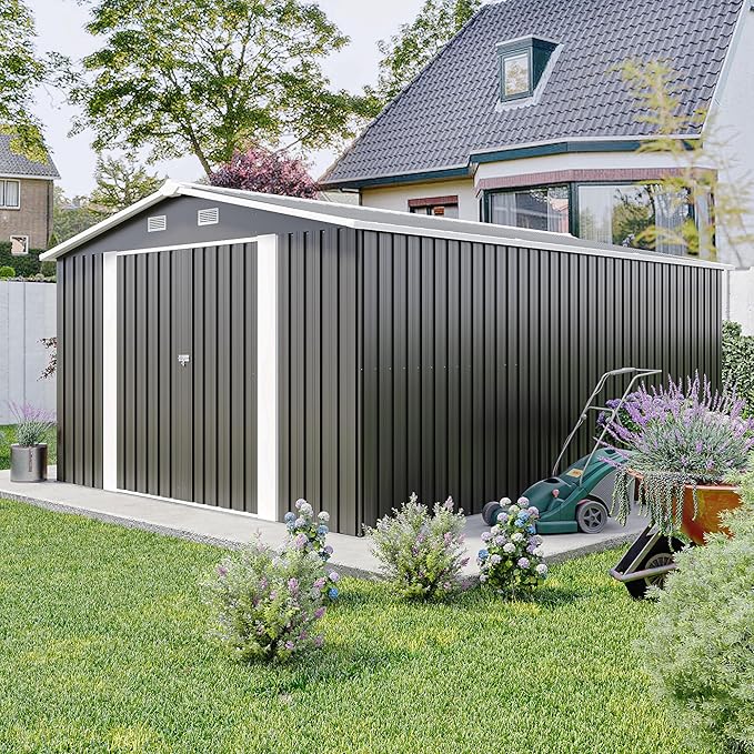 10x14 FT Outdoor Storage Shed, Metal Shed with Floor, Lockable Door & Vents, All-Weather Resin Shed for Garden, Backyard, Patio, Lawn, Dark Gray