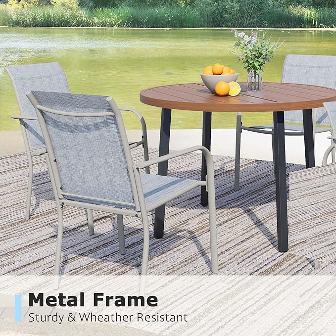 5 Pieces Round Dining Table Set for 4, Patio Dining Set Includes 4 Beige Blue Stackable Patio Chairs and 1 Walnut Round Table, Patio Furniture Sets with Sling Support for Outside, Garden