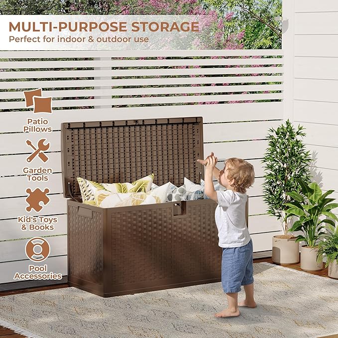 99 Gallon Outdoor Storage Box Waterproof, Patio Deck Storage Box For Package Delivery, Lockable Resin Deck Box, Deck Box Container for Furniture Cushions, Garden Tools, Pool Accessories