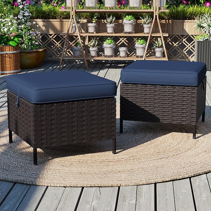 Outdoor Patio Ottoman Set of 2, All Weather Rattan Wicker Ottoman Seat, Outdoor Footstool Footrest Seat for Patio, Backyard, Poolside, Garden