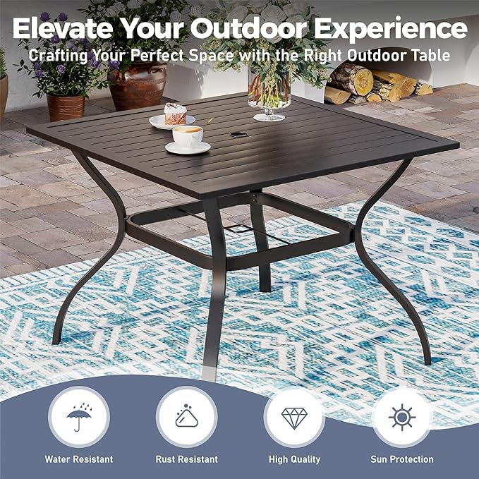 Patio Dining Set for 4, 37”Square Table with Umbrella Hole, 4 Metal Blue Chairs, Outdoor Table and Chairs for Lawn Backyard and Deck