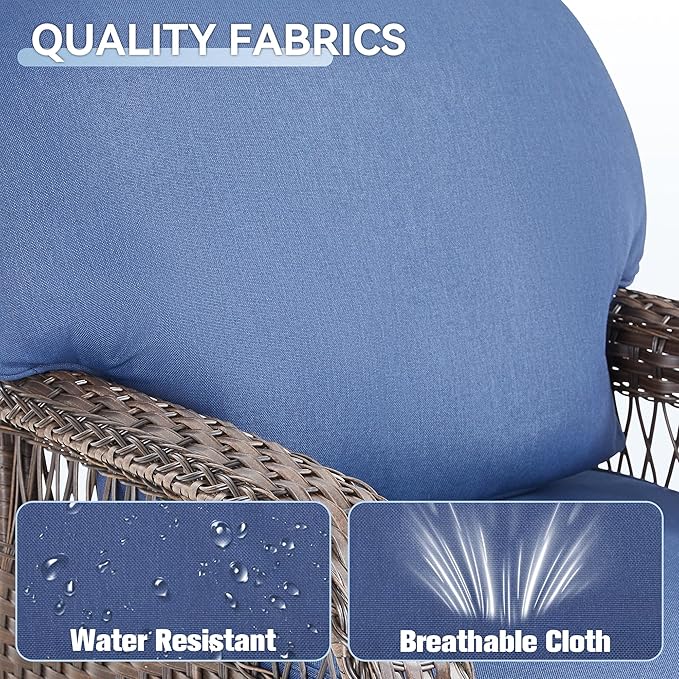 9 Pieces Patio Furniture Set Outdoor Sectional Sofa Couch with Rocking Swivel Chairs 5" Deep Seat Chairs, Modern Wicker Rattan Conversation Set, Blue/Brown Wicker