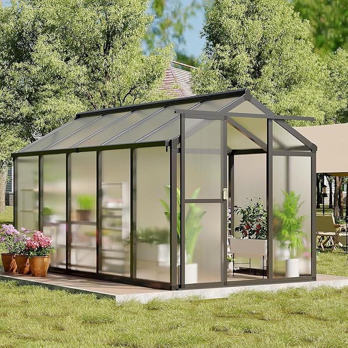 6 x 10 ft Greenhouse, Greenhouses for Outside, Polycarbonate Greenhouse with Aluminum Frame, Lockable Door and Ajustable Roof Vent for Backyard, Green Houses for Outside Garden Backyard, Patio