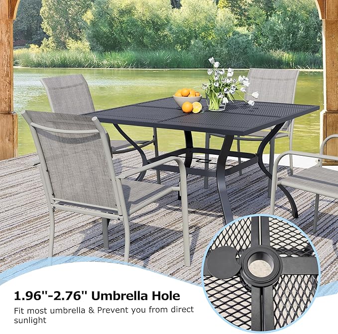 5 Pieces Sqaure Dining Table Set for 4, Patio Dining Set Includes 4 Grey Stackable Patio Chairs and 1 Black Mesh Square Table, Patio Furniture Sets with Sling Support for Outside, Garden