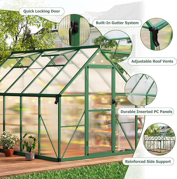 CABIHOME 8x10 FT Outdoor Greenhouse, Polycarbonate Greenhouse with Roof Vent and Ground Nails, Aluminum Large Walk-in Green House w/Lockable Push Door for Outside Garden Backyard (Green, 8x10 FT)