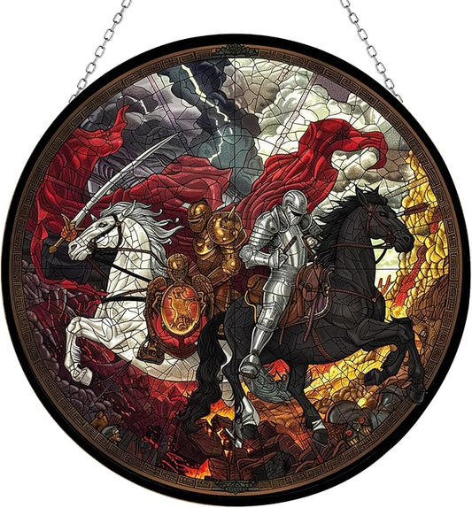 Horsemen of The Apocalypse Stained Glass Window Hanging Window Suncatcher 12" Glass Panel with Metal Chain and Hooks Sun Catchers Indoor Wall Art Home Decor Gift for Women Mother's Day